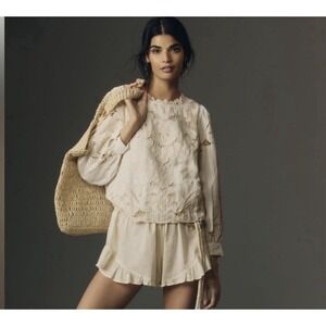 ANTHROPOLOGIE Lainie Lace Cutout Lined Blouse M White/Tan Top Angel Prairie Boho